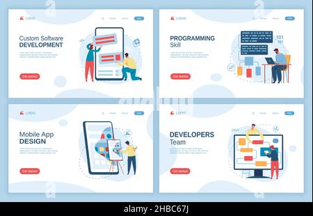 Progettazione di app mobili, modello di landing page per lo sviluppo di software. Capacità di programmazione, progettazione ui ux, creazione di un set vettoriale di concetto di sito web. Caratteri che costruiscono l'applicazione per smartphone Illustrazione Vettoriale