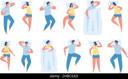 Personaggi in diverse posizioni di sonno, comode posizioni di sonno. Uomini e donne sdraiati a letto su cuscino, persone che riposano vettore set. Addormentati adulti di sesso maschile e femminile a letto vista dall'alto Illustrazione Vettoriale