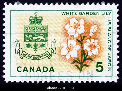 CANADA - CIRCA 1964: Un francobollo stampato in Canada mostra White Garden Lily and Arms of Quebec, circa 1964 Foto Stock