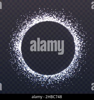 Cerchio di glitter. Bordo rotondo con particelle d'argento. Biglietto di Natale o invito. Magia e scintilla. Cornice luminosa per poster o Web. Vettore Illustrazione Vettoriale