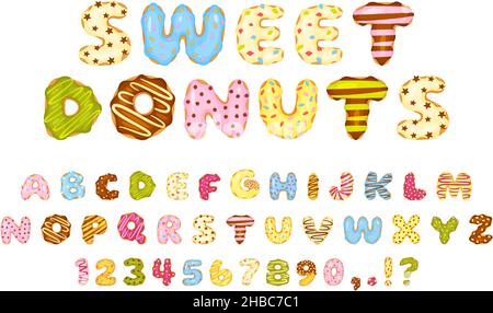 Cartone animato dolce ciambelle font, colorati vetri lettere ciambelle e numeri. Carino alfabeto da dessert, deliziose ciambelle abc con set vettoriale di spruzzi. Lingua inglese, numeri e segni di punteggiatura Illustrazione Vettoriale