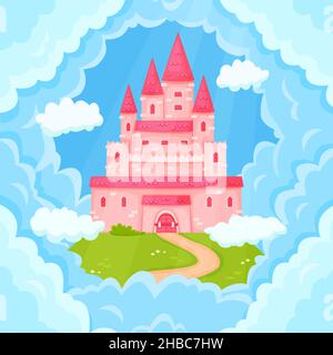 Cartoon fiaba principessa rosa castello torri in nuvole. Magic kingdom palazzo volare nel cielo, carino medievale fantasia villa illustrazione vettoriale. Sogno di costruire in paradiso per la famiglia reale Illustrazione Vettoriale