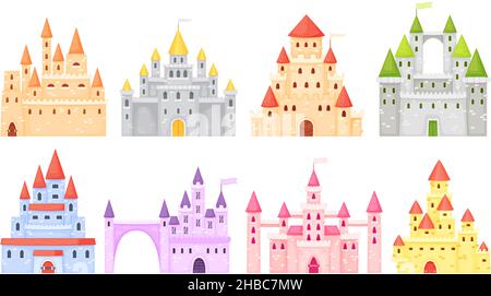 Castelli medievali di Cartoon, antica fortezza, palazzo fiabesco. Esterno del palazzo fortificato, palazzo, fiaba principessa castello torri vettore set. Edificio difensivo storico o antico regno reale Illustrazione Vettoriale