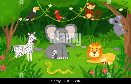 Animali selvatici Cartoon nella foresta della giungla, habitat animale tropicale. Leone carino, serpente, toucan, scimmia, elefante, illustrazione del vettore della foresta pluviale. Fauna selvatica con personaggi del verde e della fauna Illustrazione Vettoriale
