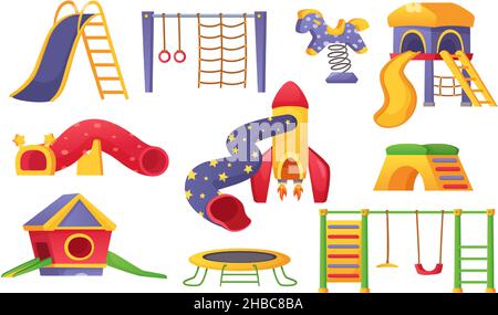 Elementi per giochi per bambini, attrezzature per giochi per bambini. Cartoon slide, swing, trampolino, cavallo, playset per kindergarten esterno vettore set. Attività sportive o tempo di gioco per i bambini Illustrazione Vettoriale