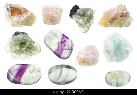 set di varie pietre di fluorite ritagliate su sfondo bianco Foto Stock