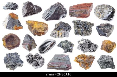 set di vari minerali di ferro ritagliati su sfondo bianco Foto Stock