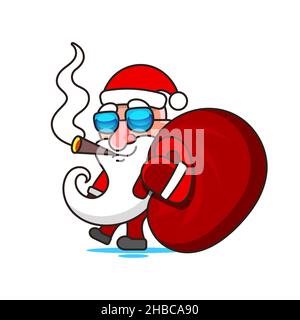 Set di illustrazioni di Natale cartone animato isolato su bianco. Divertente personaggio felice di Babbo Natale con regalo, borsa con regali, agitare e saluto. Per Illustrazione Vettoriale
