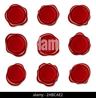 Guarnizione in cera rossa realistica, timbri di tenuta rotondi. Timbro busta goffrata per busta o certificato, set vettoriale etichetta lettera medievale sigillata. Segno di età vuoto per diploma o documento riservato Illustrazione Vettoriale