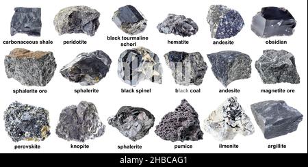 set di varie rocce nere non lucidate con nomi ritagliati su sfondo bianco Foto Stock