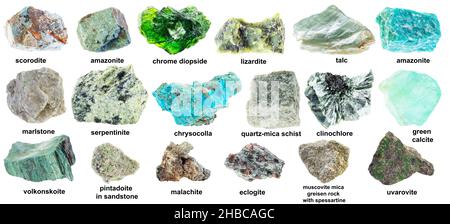 set di vari minerali verdi non lucidati con nomi ritagliati su sfondo bianco Foto Stock