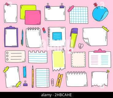 Fogli di carta di Doodle, note adesive graziose del pianificatore. Adesivi pagina notebook disegnati a mano, appunti foglio, note carte doodles vettore set. Promemoria con nastro adesivo, cancelleria per la scuola Illustrazione Vettoriale