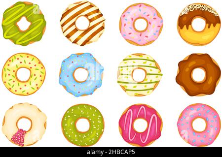 Ciambelle cartoon con diversi condimenti, deliziosi dessert dolci. Vista dall'alto ciambella con glassa al cioccolato e spolverini, set di prodotti per pasticceria ciambella. Elementi da forno con glassa o glassa Illustrazione Vettoriale