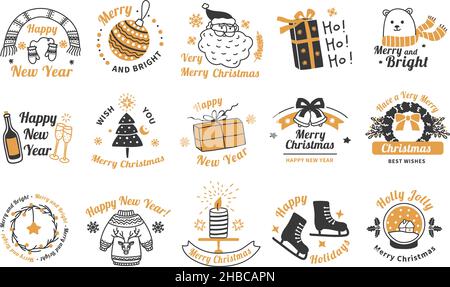 Etichette con lettere natalizie, emblema natalizio con elementi disegnati a mano. Nuovo anno, vacanze invernali carino badge con babbo natale, regali, albero giocattoli vettore set. Biglietti d'auguri con mittens e sciarpa, champagne Illustrazione Vettoriale