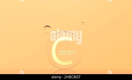 Il concetto di acido ascorbico della vitamina C su sfondo arancione chiaro illustrazione 3D rendering.transparent palle gocce di vitamina C arancione. La bellezza della vitamina C. Foto Stock