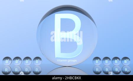 Capsule trasparenti di vitamine del gruppo B. Vitamine B sfondo concetto illustrazione 3D rendering. Foto Stock
