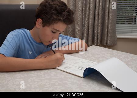 Un ragazzo adolescente britannico disegnando una foto di una città balneare, preso 13 agosto 2020 i Wool, Dorset, Regno Unito Foto Stock