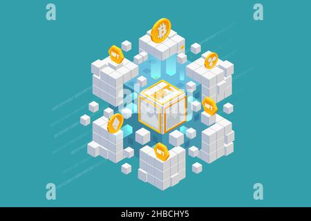 NFT isometrico il token non-fungibile è un'unità di dati univoca e non intercambiabile memorizzata su un blockchain di contabilità digitale. Paghi per i collectibles unici Illustrazione Vettoriale