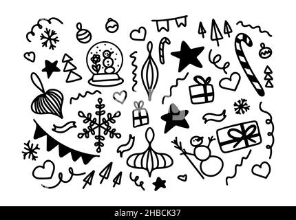 Set di divertenti elementi invernali per la celebrazione di Capodanno. Allegra collezione di simboli vettoriali per il design natalizio Illustrazione Vettoriale