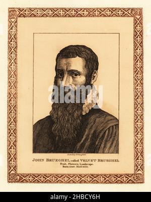 Ritratto di Pieter Bruegel il Vecchio, c.. 1525-1569, pittore e tipografo del Rinascimento fiammingo, noto per i suoi paesaggi e le sue scene contadine. Etichettato come suo figlio Jan Brueghel il Vecchio, 1568-1625, John Brueghel, Velvet Brueghel. Incisione colorata entro un bordo decorativo di H. Vaughan dei Settantacinque ritratti di celebri pittori di originali autentici di John Girtin, J. M’Creery, Londra, 1817. Foto Stock