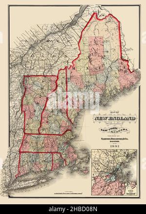 Mappa del New England con porzioni adiacenti di New York e Canada 1881. Vecchia mappa del New England che mostra contee, ferrovie e città. Include Boston insert map, pubblicato intorno al 1881. Si tratta di una riproduzione storica splendidamente dettagliata, migliorata, restaurata. Foto Stock