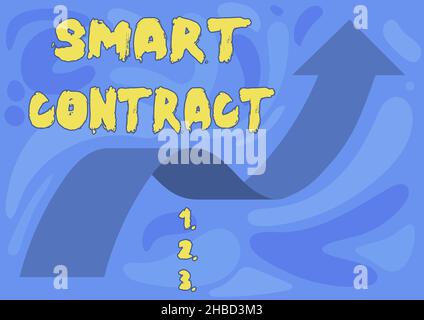 Scrittura visualizzazione testo Smart Contract. Parola per accordo digitale per controllare il trasferimento di valute digitali Illustrazione di Arrow Floating Foto Stock