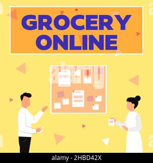 Visualizzazione concettuale Grocery Online. Business concept versione digitale del supermercato che accetta l'ordine online Illustrazione di coppia che presenta idee Foto Stock