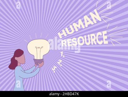 Testo della scrittura risorse umane. Foto concettuale un reparto critico che gestisce il personale e i dipendenti riguarda Lady Standing Drawing Holding Foto Stock