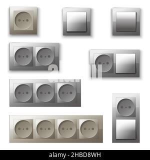Set di prese elettriche. Prese e interruttore per l'Europa. Illustrazione vettoriale in stile piatto. Illustrazione Vettoriale