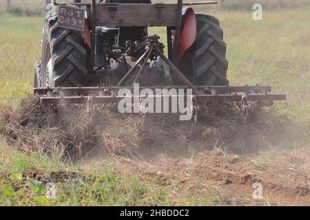 Pali Rajasthan, India - 3 novembre 2021. Sarchiatura e aratura con l'aiuto di aratro da campo con trattore Massey Foto Stock