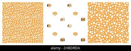 Set di simpatici e divertenti puntini astratti, linee e cani teste animali disegni a mano di bambini senza cuciture modelli. Illustrazioni vettoriali gialle o senape su bianco b Illustrazione Vettoriale