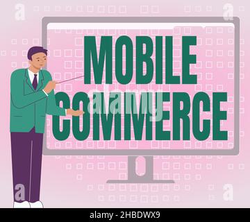 Testo che mostra ispirazione Mobile Commerce. Business idea tutte le transazioni commerciali online utilizzando smartphone businessman Standing Presenting Charts Foto Stock