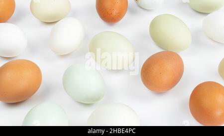 Sfondo da uova di pollo organico sparse su un piatto bianco con spazio copia. Sfondo pasquale di uova non dipinte. Produzione di uova in una fattoria di pollo Foto Stock