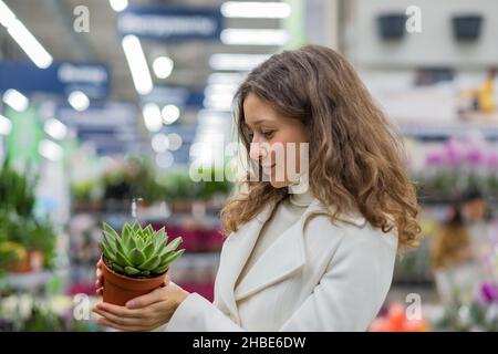 Giovane donna con capelli ricci lunghi indossando un maglione di lana e un cappotto caldo sorride e sceglie la crescita succulenta in vaso in ipermercato Foto Stock