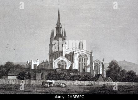 Una visione storica della Chiesa di San Giovanni a Thaxted, Essex, Inghilterra, Regno Unito. Inciso da Sands da un disegno di Grove per le 'bellezze di Inghilterra e Galles'. C. 1812. Foto Stock