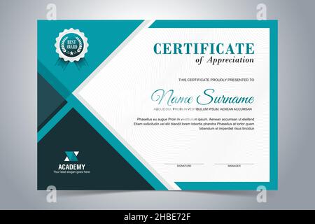 Modello certificato moderno, design piatto con design blu e turchese Illustrazione Vettoriale