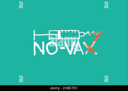 Covid-19 Anti Vax. Simbolo anti-vaccinazione. Movimento senza Vax. Una siringa urta e si rompe contro NO-vax. Negazione, colpa. Sfondo rosso. Foto Stock