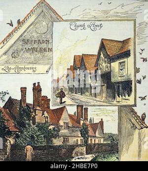 Una vista storica degli Almshouses, Audley End, e Church Street, a Saffron Walden, Essex, Inghilterra, Regno Unito. Disegno di E. Gascoine c.1898. Foto Stock