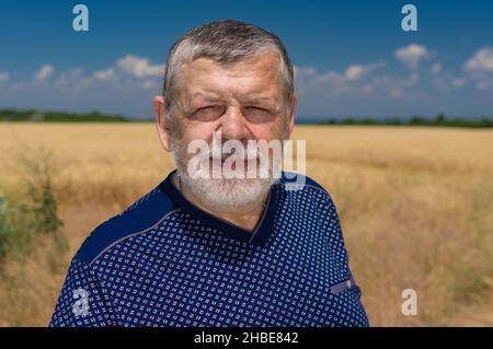 Ritratto all'aperto di ucraino barbuto contadino caucasico maggiore contro il campo di raccolto e cielo blu Foto Stock