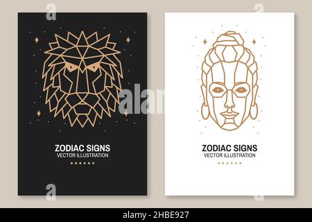 Set di astrologia zodiacale oroscopo segni leo e virgo volantino, brochure, banner, poster. Illustrazione vettoriale. Elegante simbolo di arte di linea o icona di leo Illustrazione Vettoriale