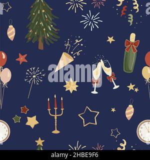 Modello senza cuciture disegnato a mano per Capodanno. Texture ripetitiva con elementi del doodle del conto alla rovescia su sfondo blu scuro. Modello festivo per la confezione regalo Foto Stock