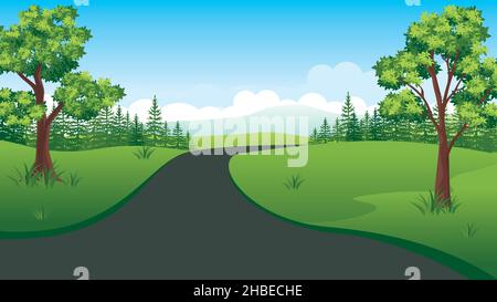 Bellissimo paesaggio naturale, paesaggio di campagna Cartoon con montagne, prati e campi. Illustrazione Vettoriale