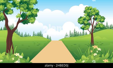 Bellissimo paesaggio naturale, paesaggio di campagna Cartoon con montagne, prati e campi. Illustrazione Vettoriale