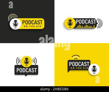 Imposta i simboli e le icone dei podcast in nero e giallo. Illustrazione Vettoriale