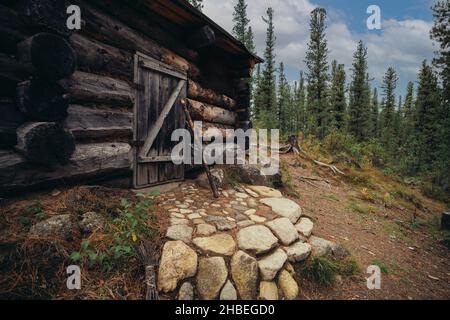 Una casa di tronchi, con scalini in pietra, sulla cima della collina circondata da pini. Una vecchia cabina di legno in un'area appartata della foresta. Un rustico me Foto Stock