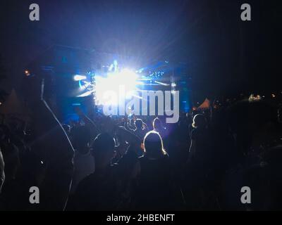 Concerto all'aperto con luci e ballo del pubblico Foto Stock