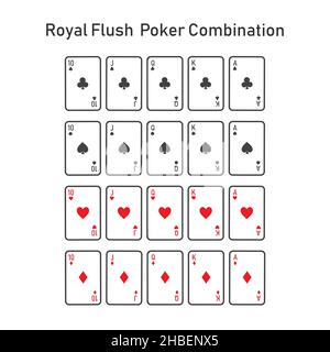 Royal Flush poker combonation da dieci a asso vestito vettore set Illustrazione Vettoriale