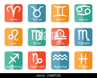 Vettore di simboli dei segni zodiacali con didascalie su pulsanti colorati - dodici segni stellari Illustrazione Vettoriale