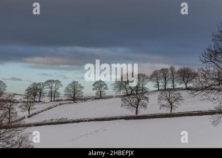 Campagna invernale nella neve al Tegg's Nose Country Park, Macclesfield, Cheshire, Regno Unito. Foto Stock