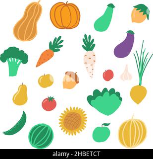 Farm vegetali vettore disegnati a mano semplice icone isolate raccolto set. Illustrazione Vettoriale